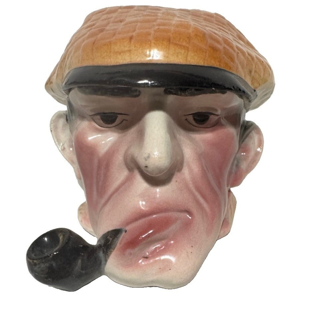 Vintage Ceramic Realistic Man Angry Face Smoking Pipe Mug Toby Jug Two-Piece 5"